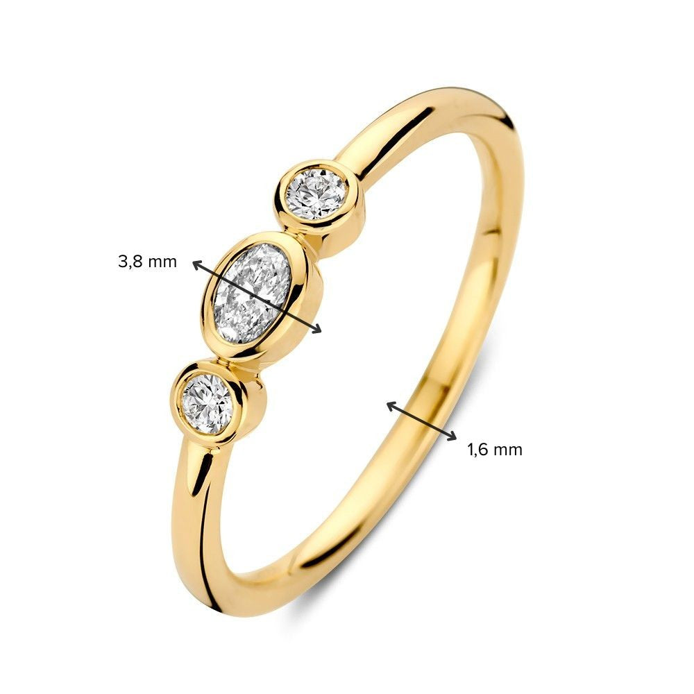 Bague en or jaune 14k avec trois pierres et diamants taille ovale et brillant