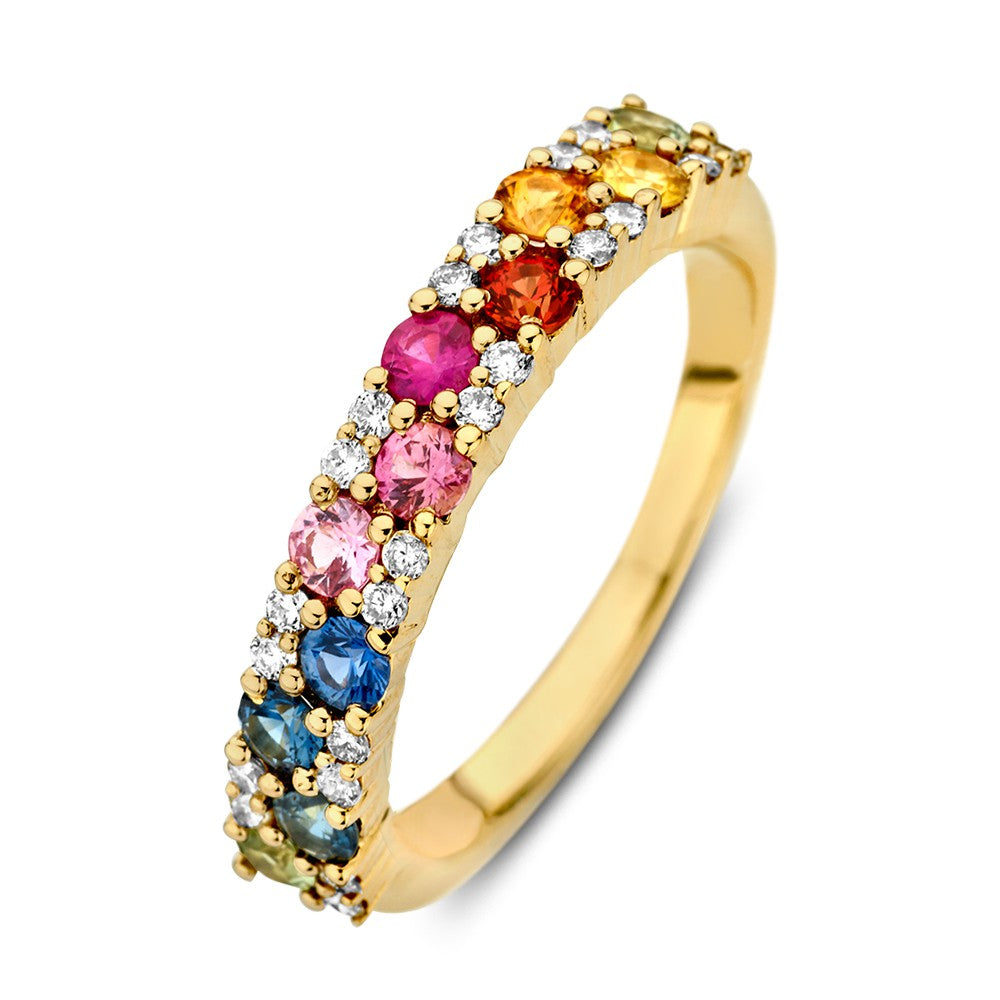 Bague en or jaune ornée de saphirs multicolores et de diamants.
