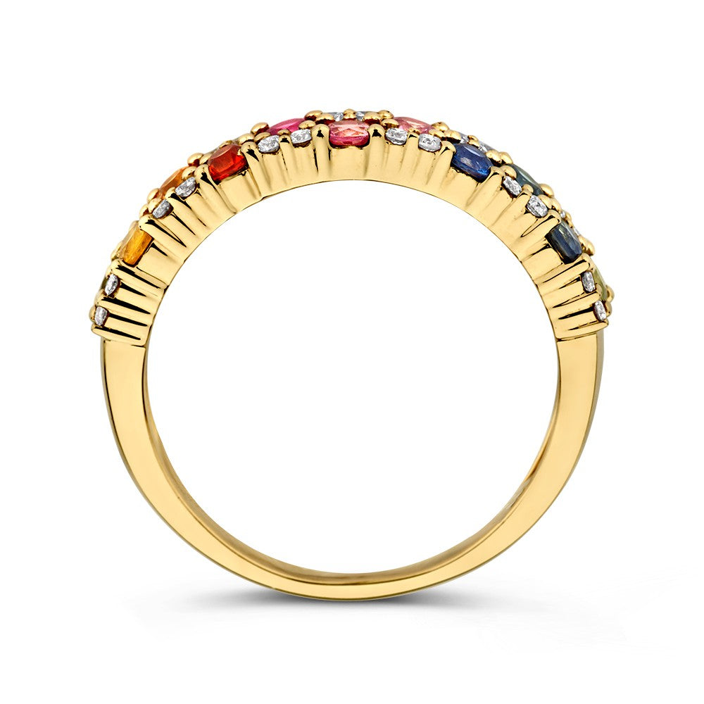 Bague en or jaune avec saphir arc-en-ciel et diamants – Luxe 14 carats pour femme