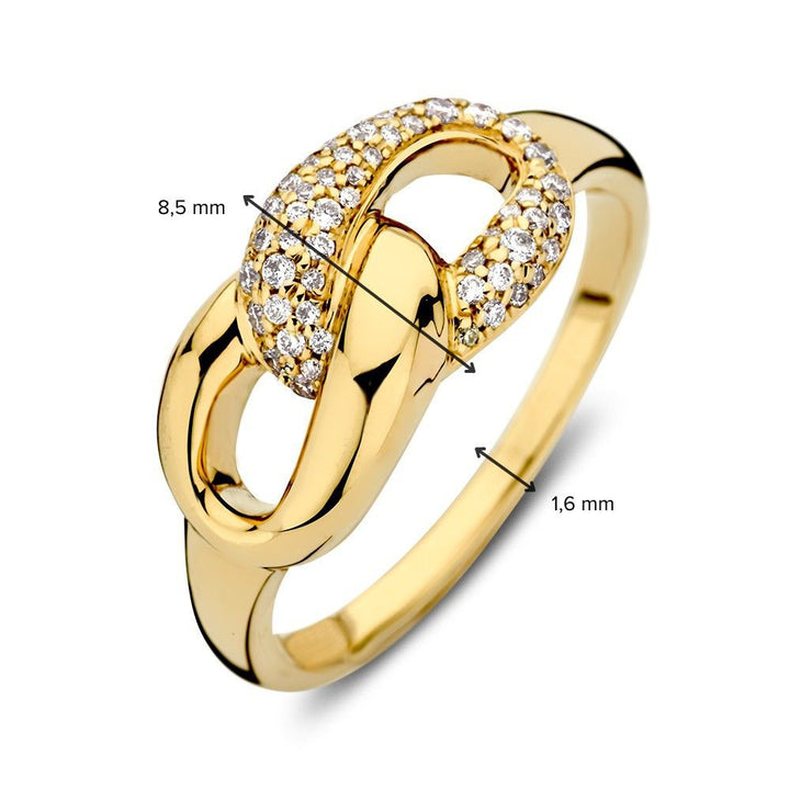 De Geelgouden Ring met Verbonden Schakels en Diamant - 14-karaat van Excellent Jewelry heeft een uniek geschakeld ontwerp deels bezet met briljant geslepen diamant. De bovenzijde is 8,5 mm breed, de band is 1,6 mm dik.