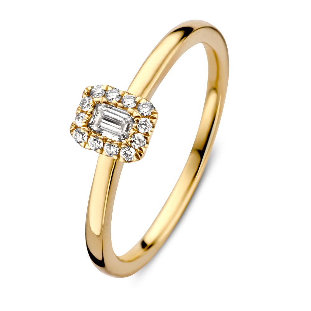 Bague en or jaune raffinée avec diamant baguette de 0,24 ct et diamants ronds.