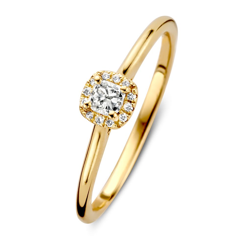 Bague en or jaune élégante avec une pierre brillante centrale dans un entourage carré de 0,24 ct.