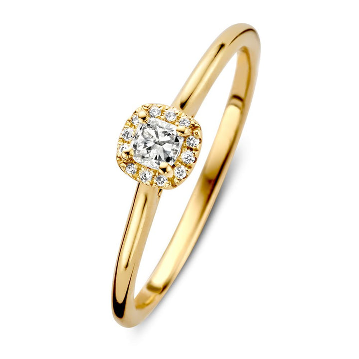 Elegante Geelgouden Damesring met Briljante Middensteen in Vierkante Entourage Zetting 0.24 crt.