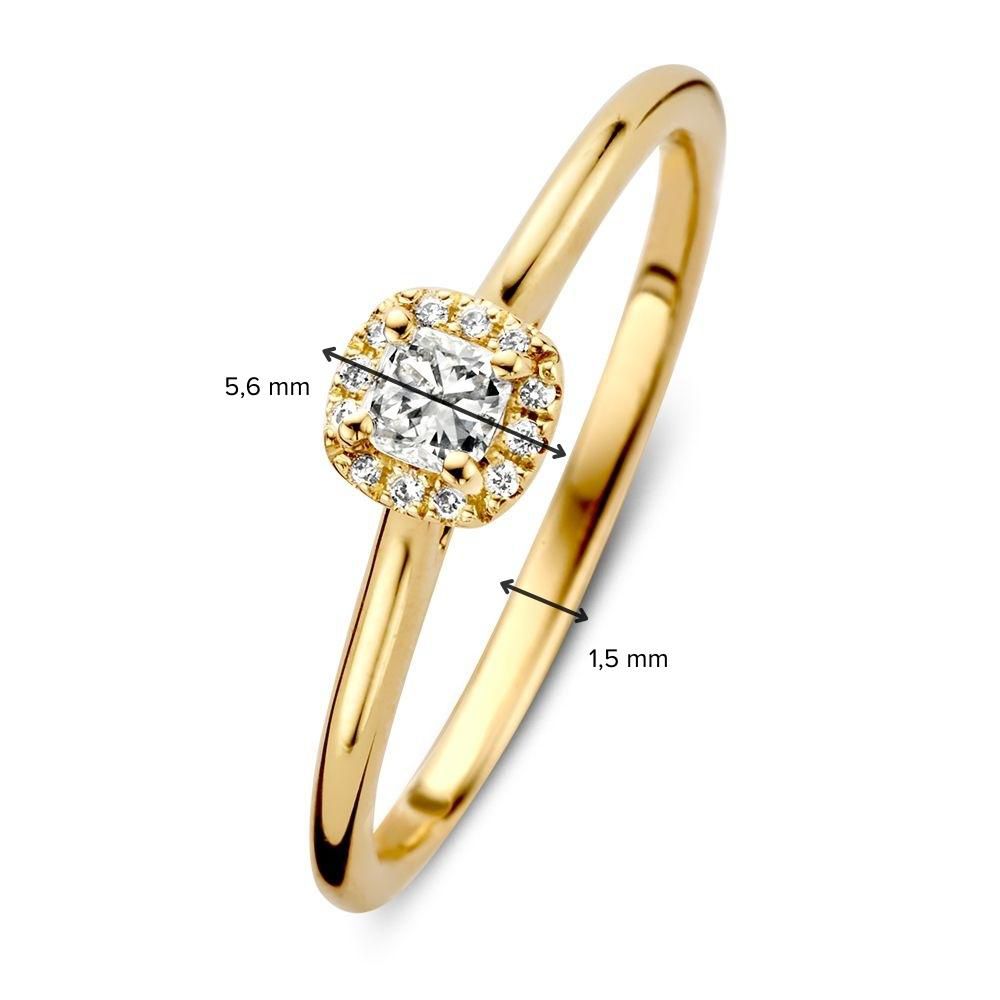 Bague élégante en or jaune pour femme avec pierre brillante centrale en sertissage entourage carré 0,24 crt.