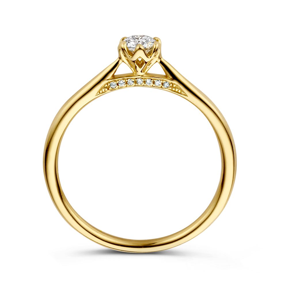 Superbe Bague en Or Jaune Solitaire avec Pierre Brillante au Centre et Fines Diamants 0.26 crt.