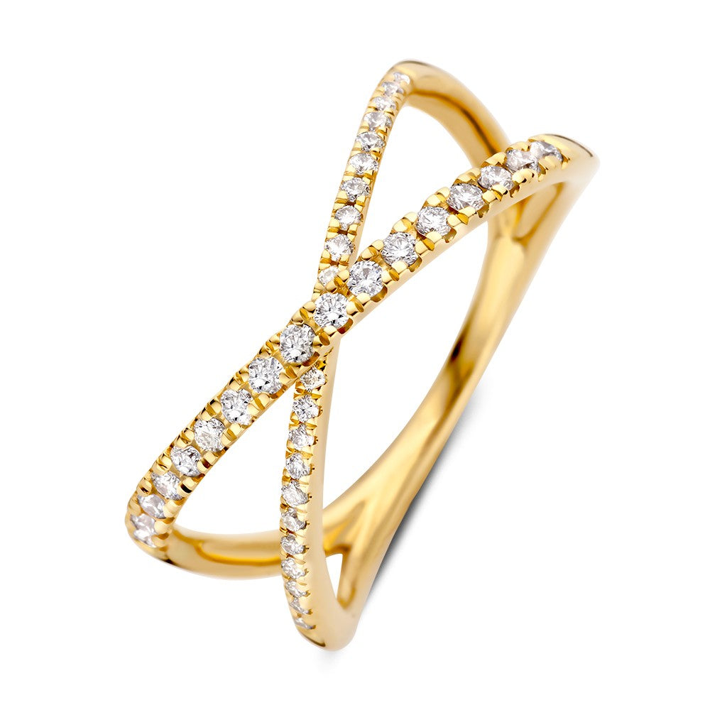 Bague en or jaune avec des diamants brillants de 0,30 ct, design croisé.