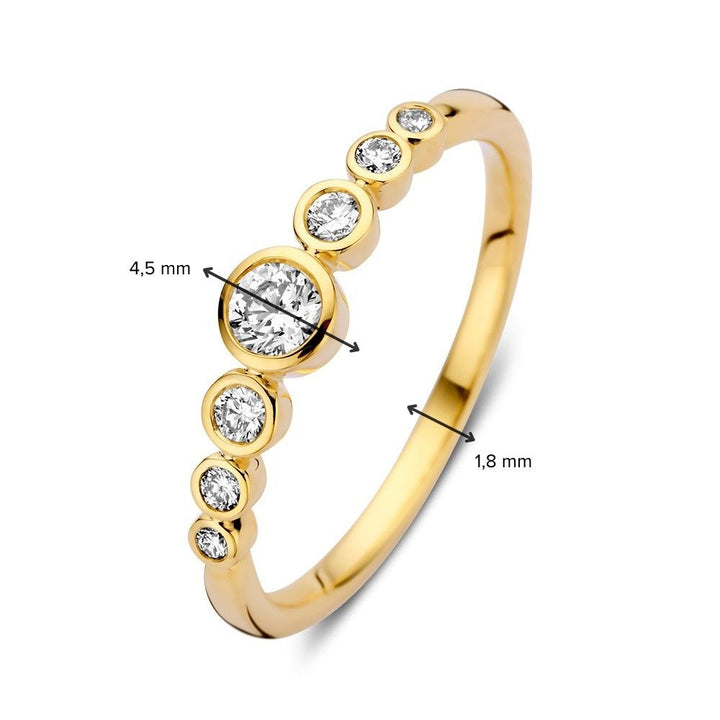 De Elegant Gouden Ring met 0,32ct diamanten van Excellent Jewelry heeft een uniek 'bubbels' ontwerp in 14k geelgoud, met zes ronde diamanten gezet langs een 1,8 mm band voor een verbluffende schittering.