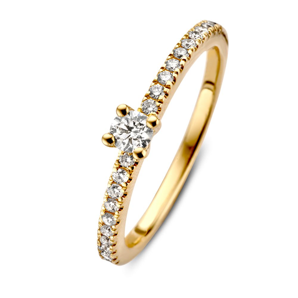 Schitterende geelgouden solitair ring van Excellent Jewelry, 14 karaat goud met een briljant geslepen middensteen en diamanten H/SI-1 langs de band, totaal 0.32ct.