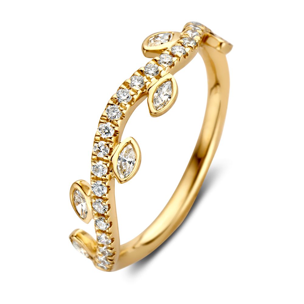Bague en or jaune élégante avec un design de feuilles en diamants, 0,37 ct.