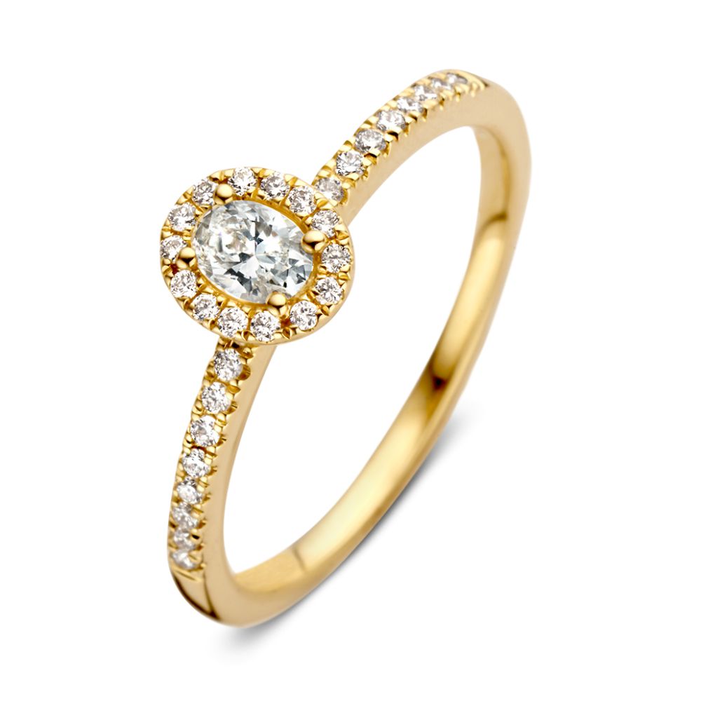 Bague en or jaune élégante avec diamant ovale et halo, 14 carats, 0,40 ct de diamant.