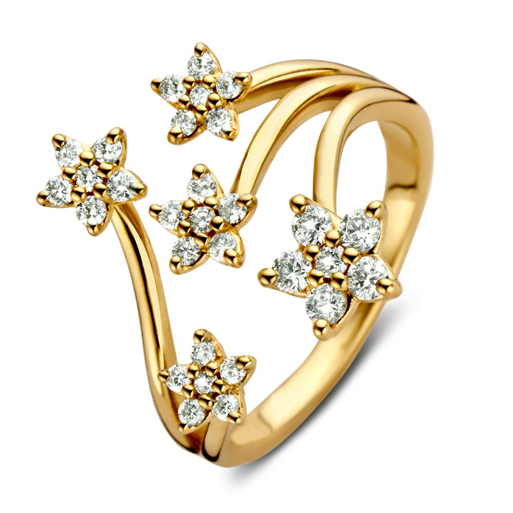 Bague en or jaune 14 carats ornée de diamants en forme d'étoiles.