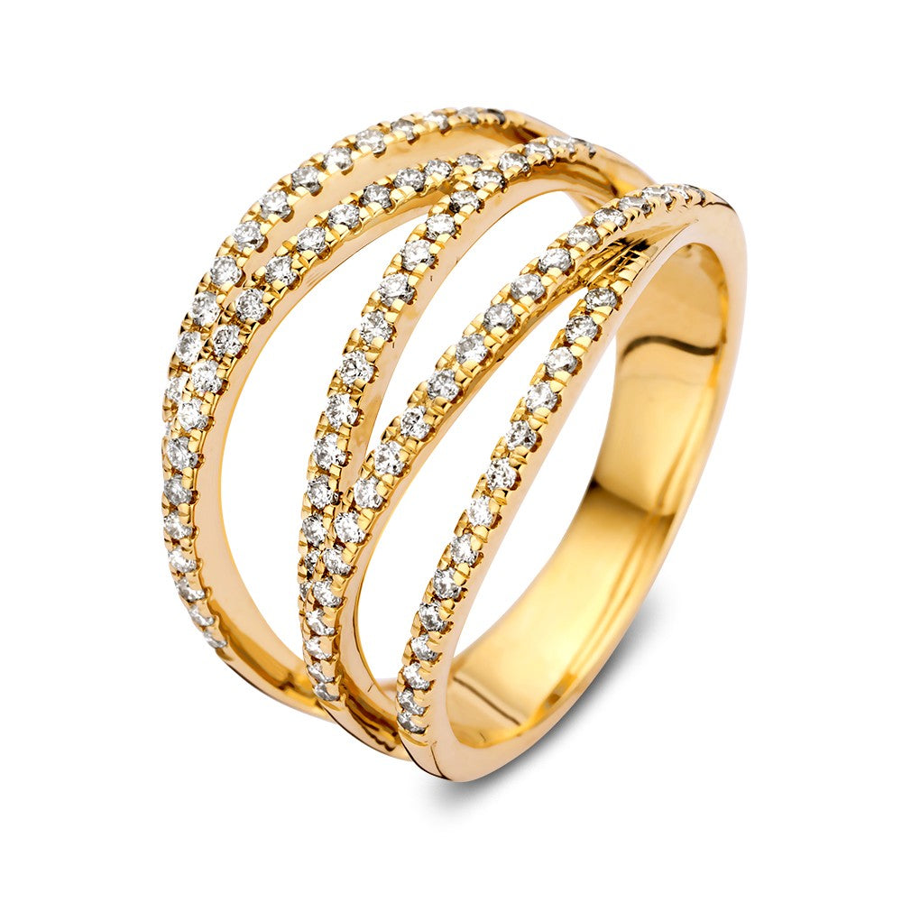 Bague en or jaune 14 carats avec trois bandes croisées ornées de diamants de 0,53 ct.