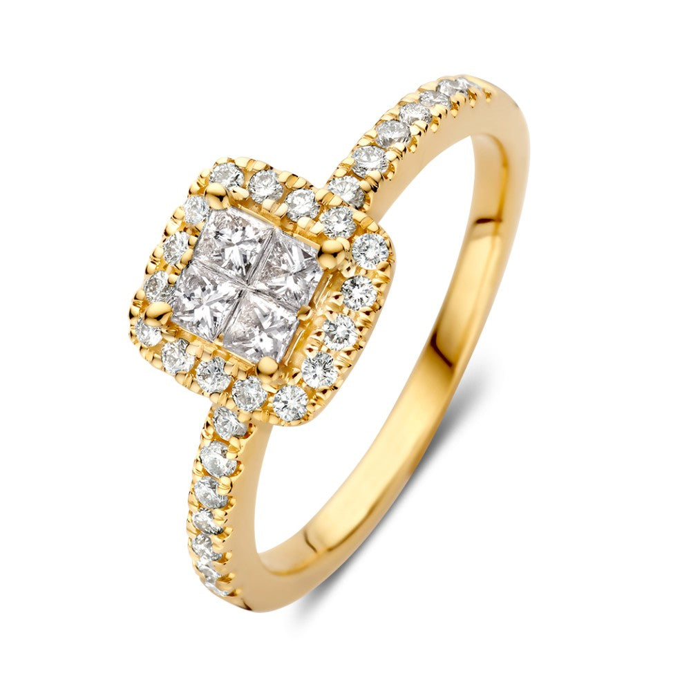 Bague en or jaune ornée de brillants de 0,58 ct, avec un design central et des pierres scintillantes.