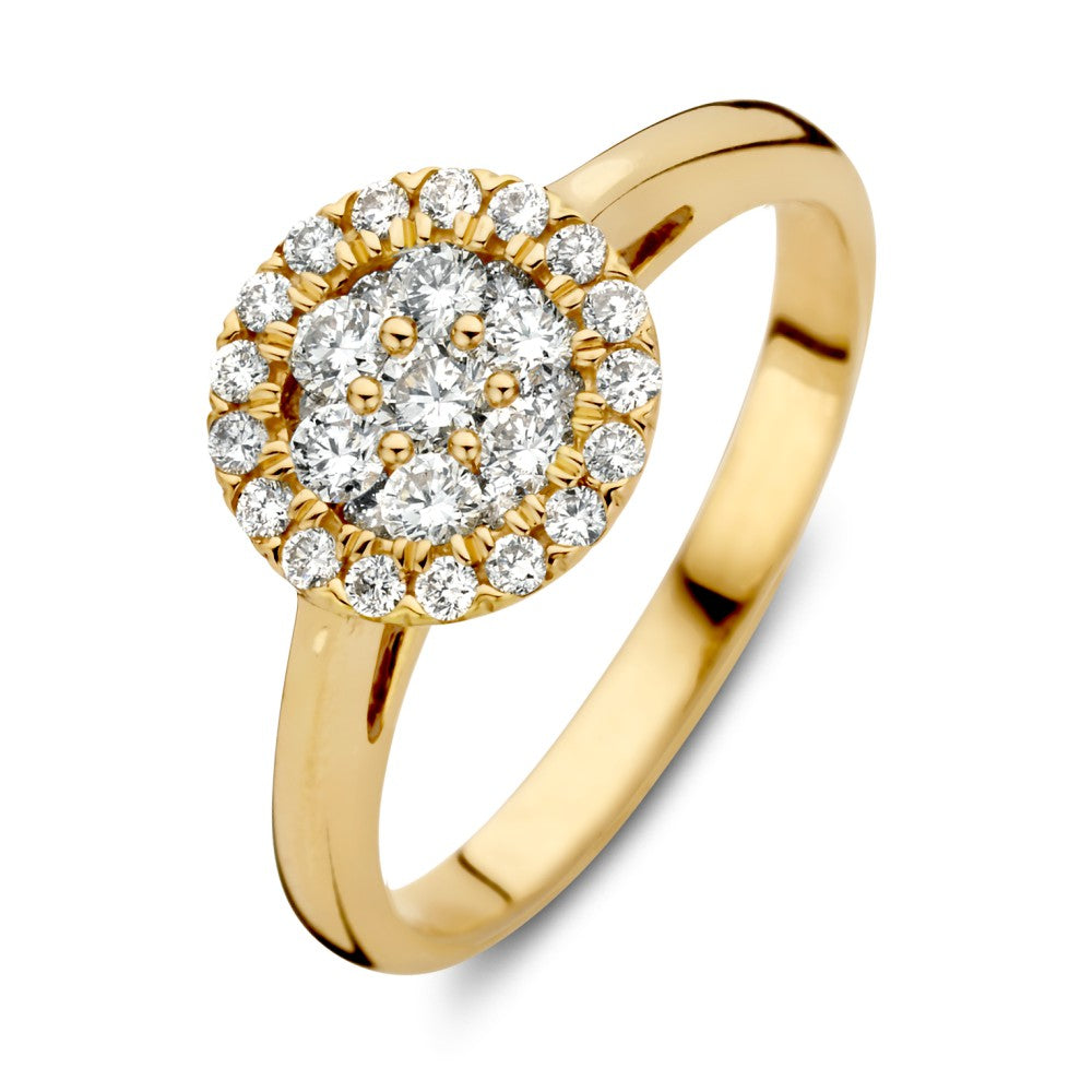 Bague en or jaune avec diamants en double halo, 14 carats, 0,60 ct.