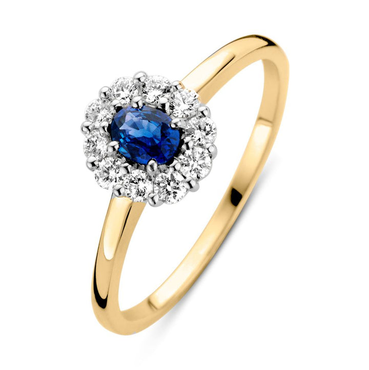 Verfijnde Geelgouden Ring met Blauwe Saffier en Briljant Diamanten