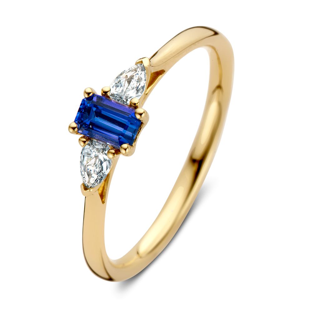 Bague en or jaune unique avec saphir taillé émeraude et diamants taillés en poire.