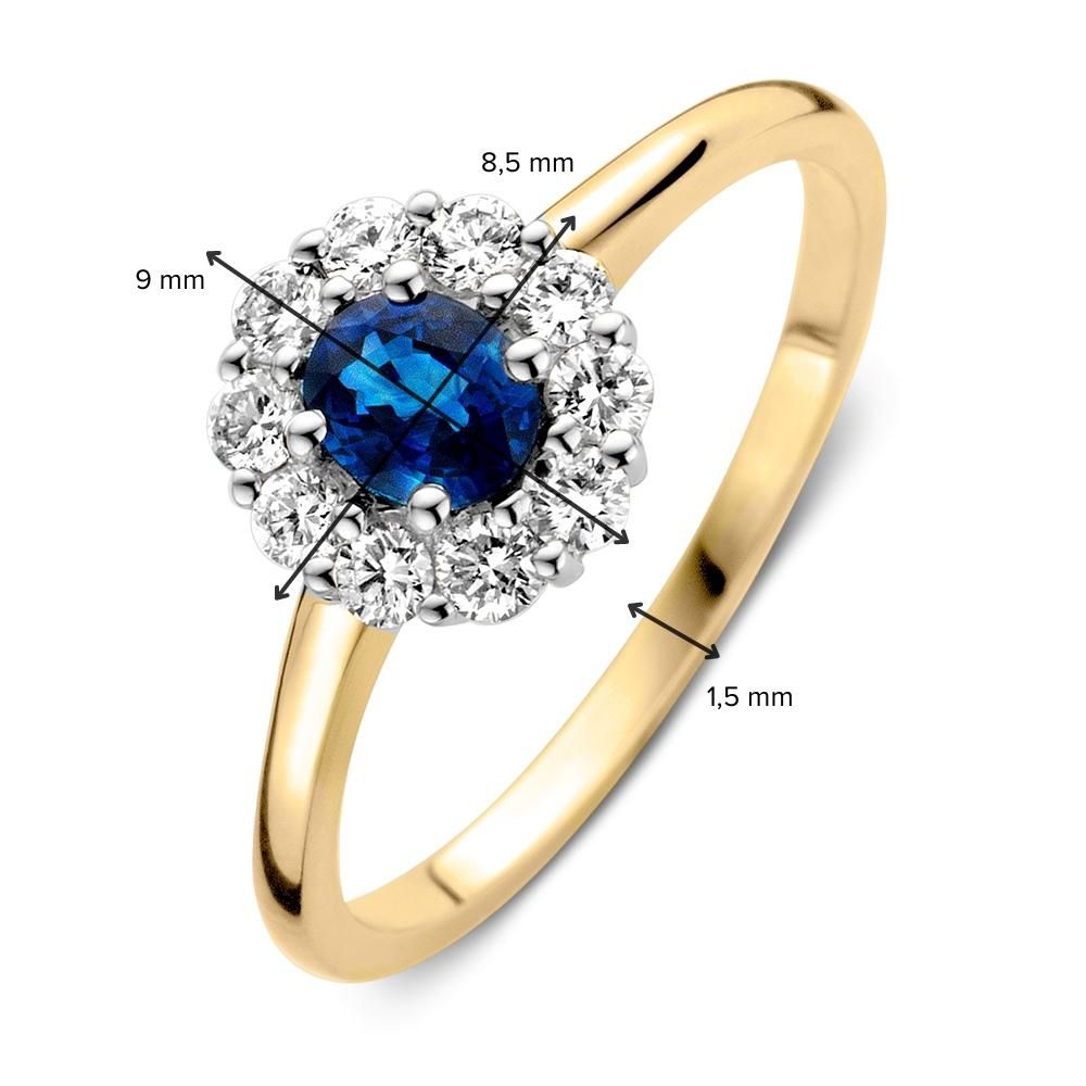 Bague élégante en or jaune/or blanc avec saphir bleu et diamants brillants