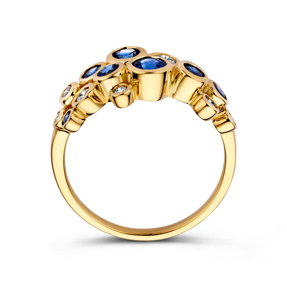 Bague élégante en or jaune 14k avec 1.10ct de saphirs et 0.29ct de diamants, collection 'Bubbles'