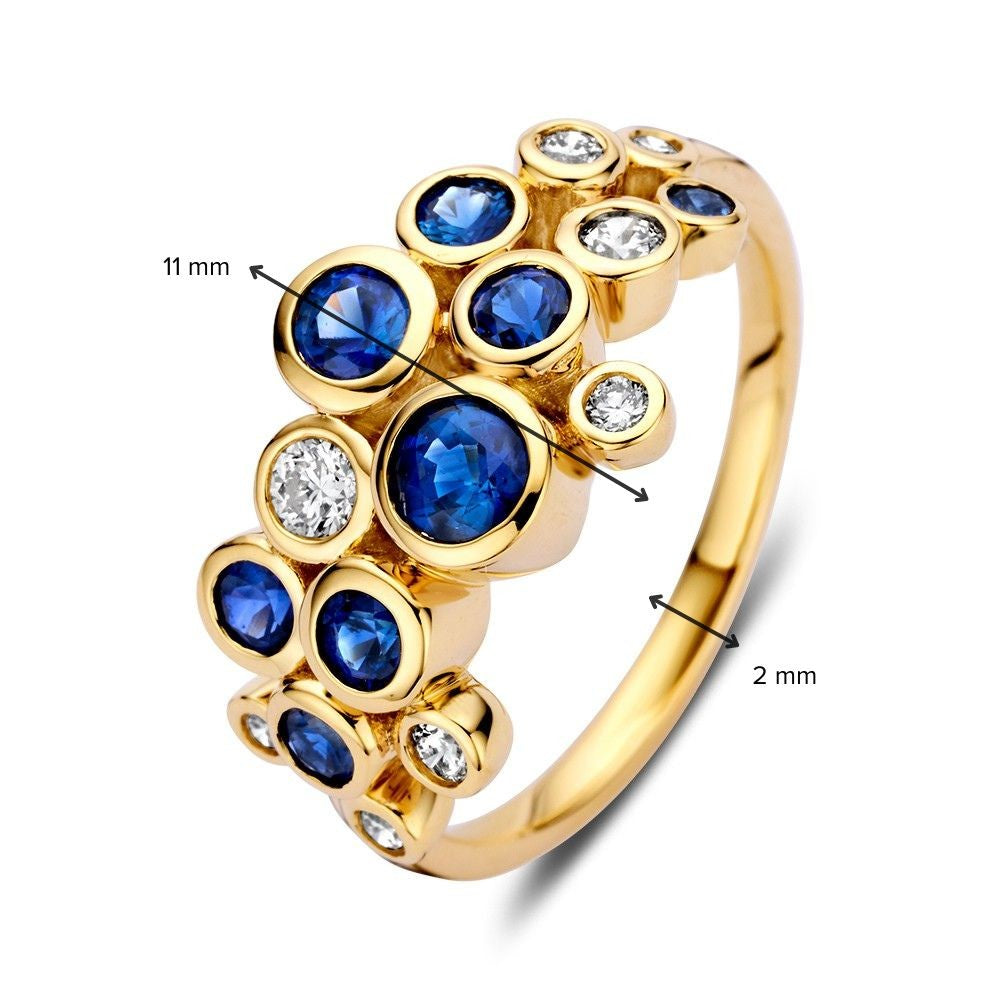 Bague élégante en or jaune 14k avec 1.10ct de saphirs et 0.29ct de diamants, collection 'Bubbles'