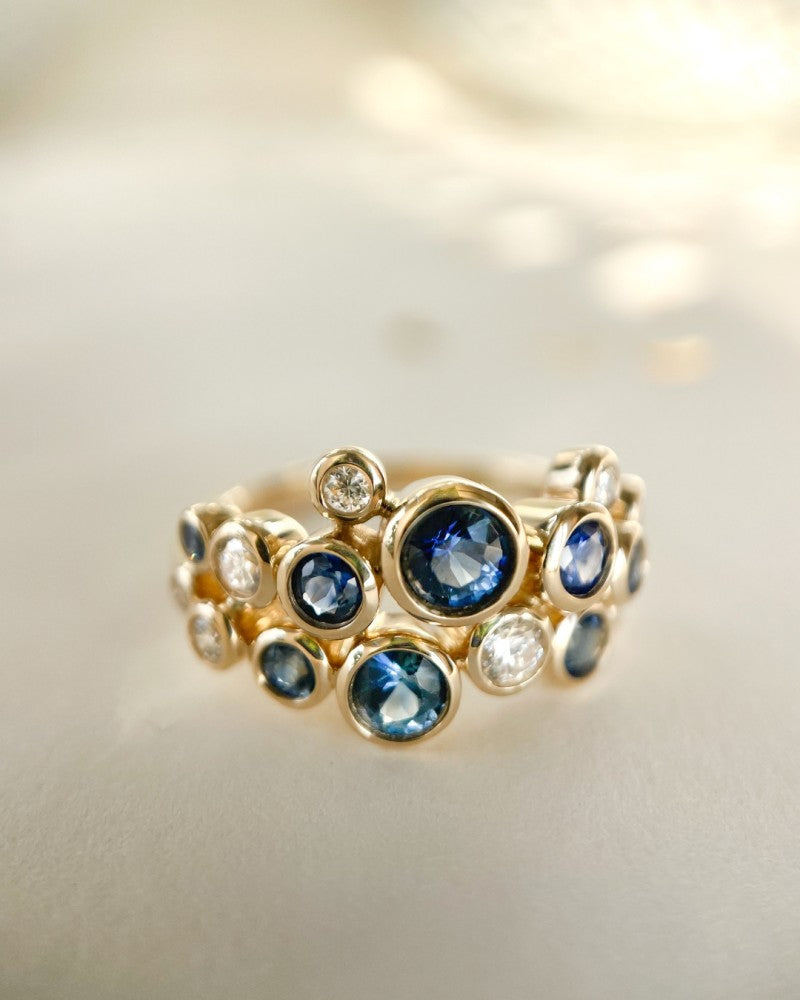 Bague élégante en or jaune 14k avec 1.10ct de saphirs et 0.29ct de diamants, collection 'Bubbles'