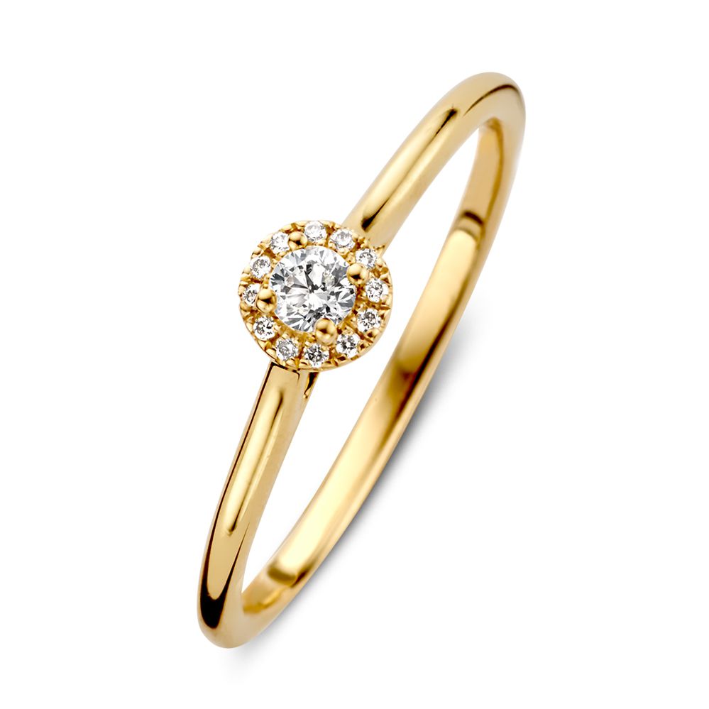 Bague en or jaune avec un diamant brillant central et des petits diamants autour.