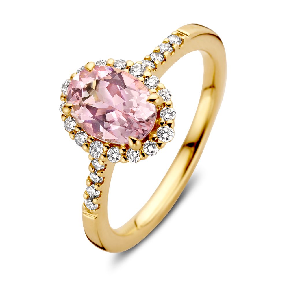 Bague en or jaune élégante avec un morganite rose ovale et des diamants brillants.