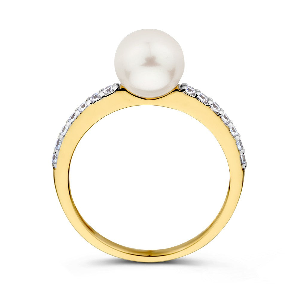 Bague en Or 14K avec Perle deau Douce et Zircones pour Femme, Bijou Élégant
