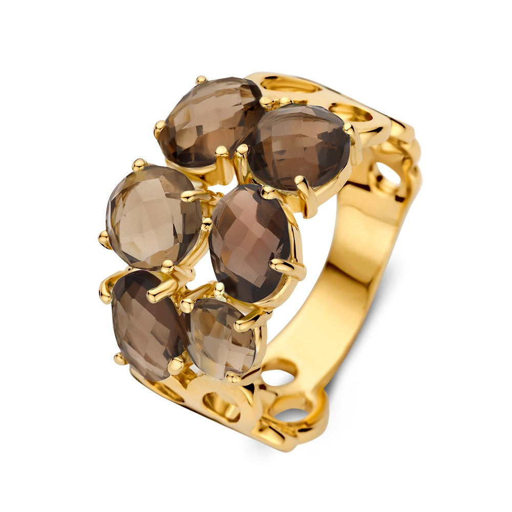 Bague en or jaune large ornée de quartz fumé, avec plusieurs pierres ovales.