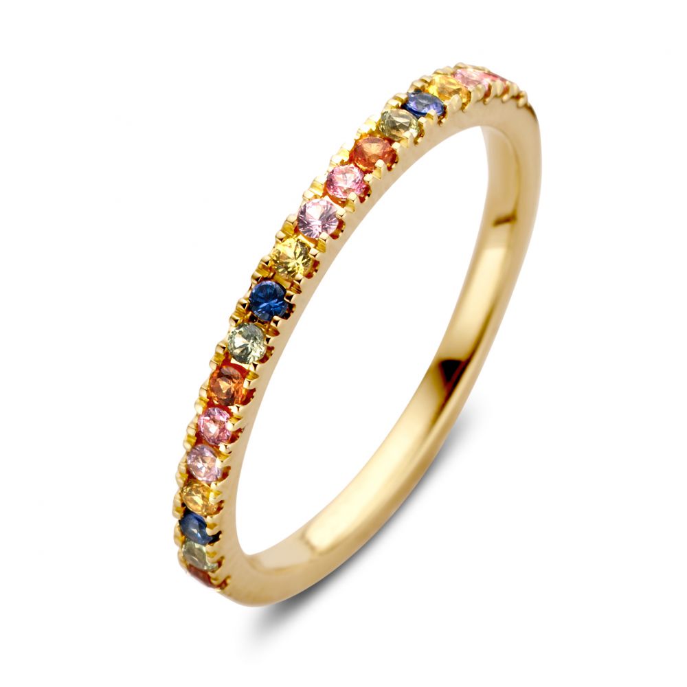 Bague en or jaune ornée de saphirs multicolores, avec un design délicat et joyeux.