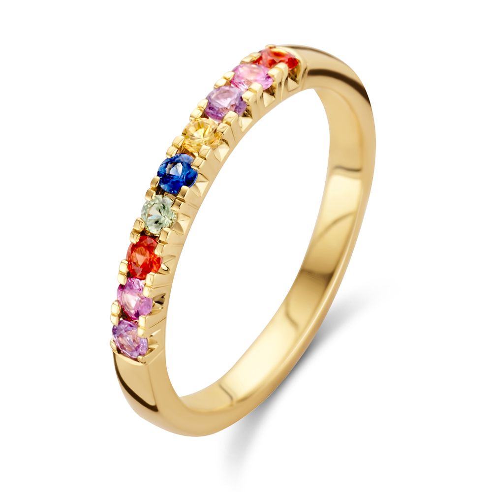 Bague en or jaune ornée de saphirs multicolores en sertissage chaton.