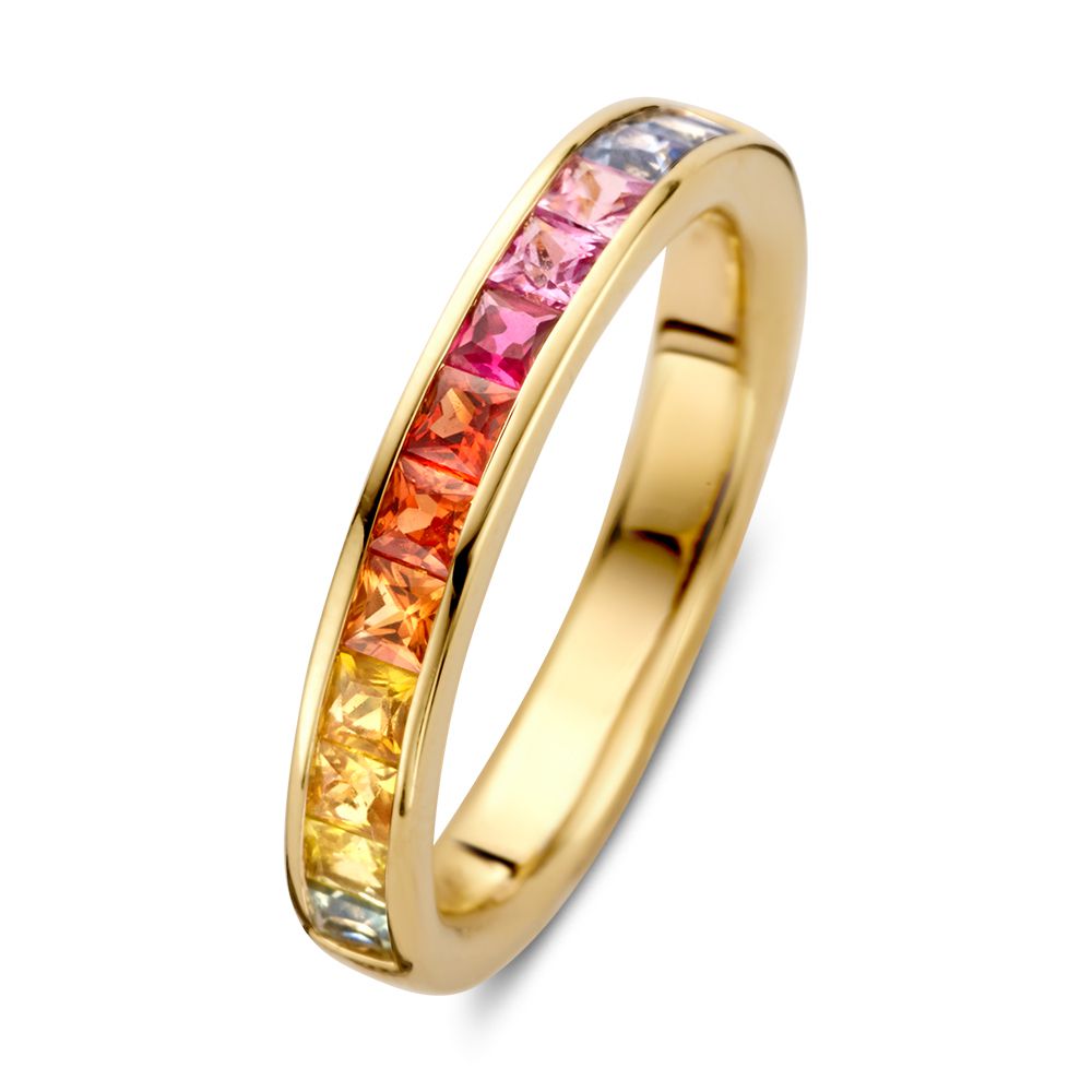 Bague en or avec saphirs arc-en-ciel en taille princesse, colorée et élégante.