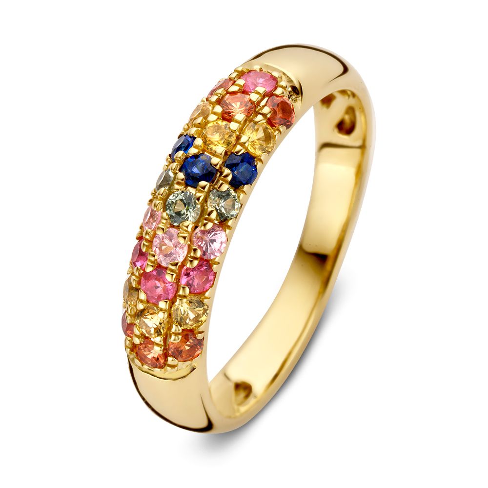 Bague en or jaune 14 carats ornée de saphirs multicolores et de diamants pavé.