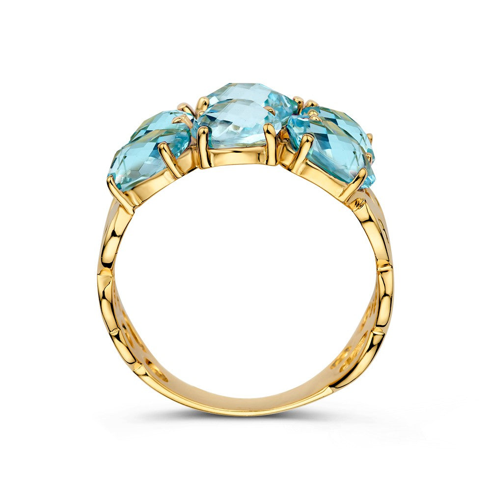 Bague en Or Jaune avec Topazes Bleues et Sertissage Organique – Bague Large en Or pour Femme