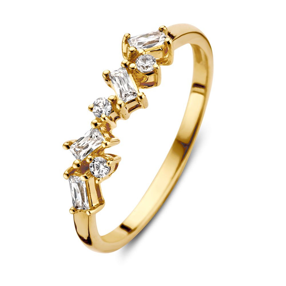 Bague en or jaune élégante avec brillants et zirconiums baguette.