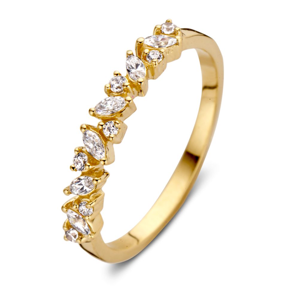 Bague en or jaune 14 carats avec des tailles uniques et une monture demi-ronde.