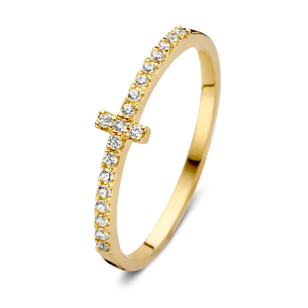 Bague en or jaune 14 carats avec un design subtil, ornée de zircones cubiques.
