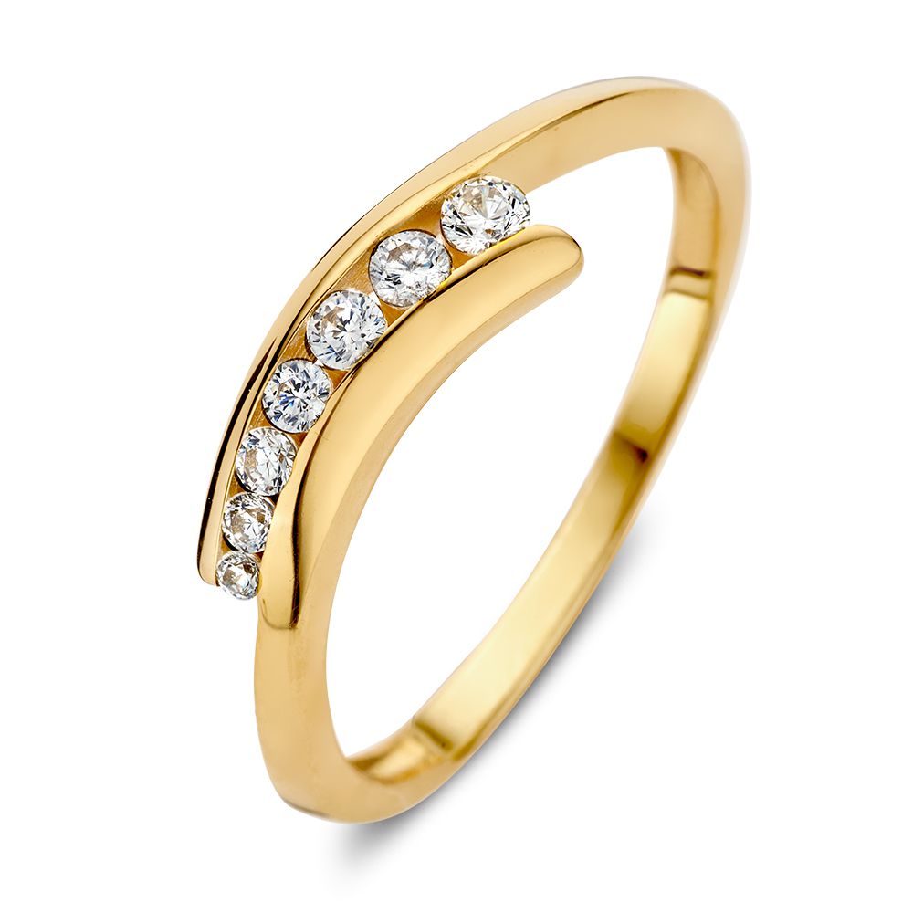 Bague en or jaune avec des zirconias disposées en courbe.