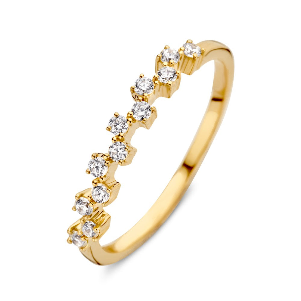 Bague en or jaune 14 carats ornée de zirconiums scintillants.