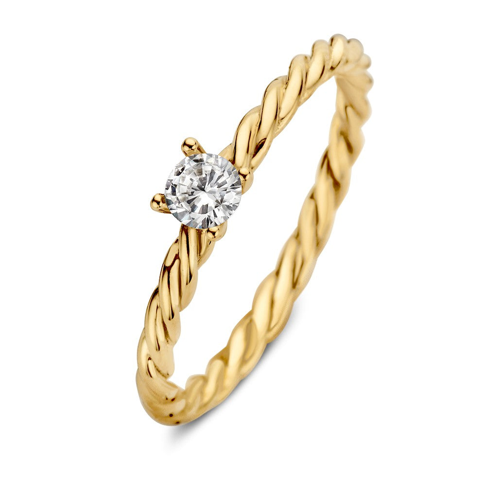 Bague en or avec bande torsadée et zirconia, mettant en valeur une pierre centrale brillante.