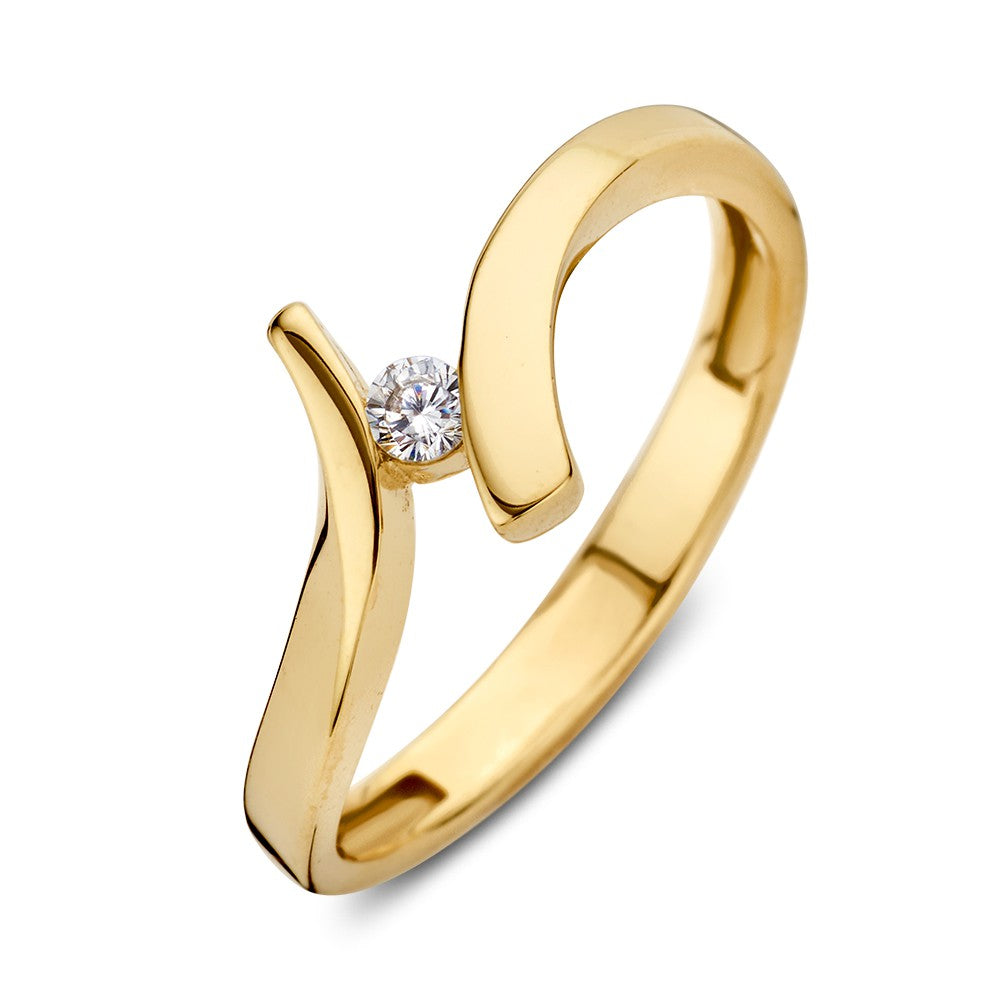 Bague en or jaune avec un zircon, design élégant et moderne.