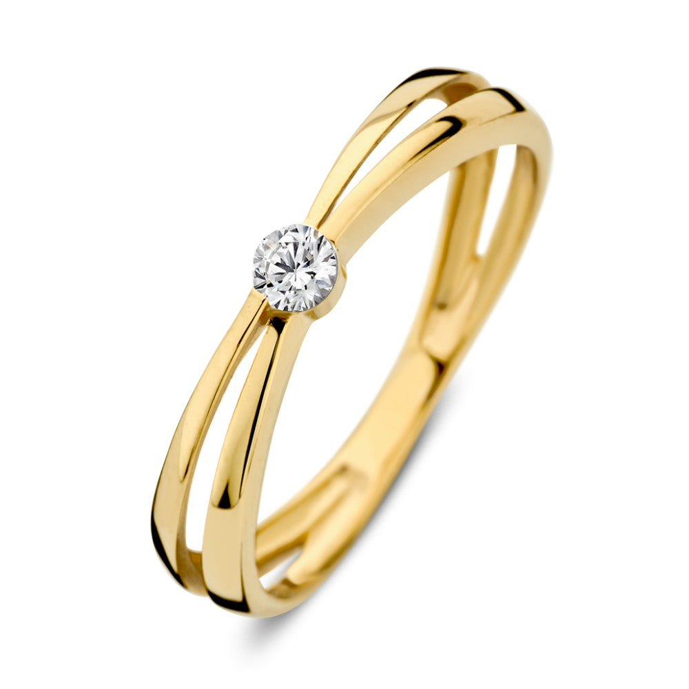 Bague en or jaune 14K avec un zirconia, design élégant et moderne.