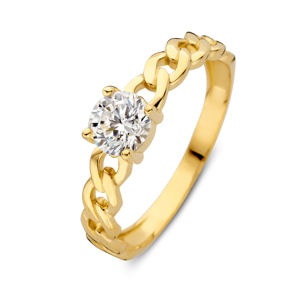 Bague en or avec un sertissage en gourmet et un zirconium, au design moderne et élégant.