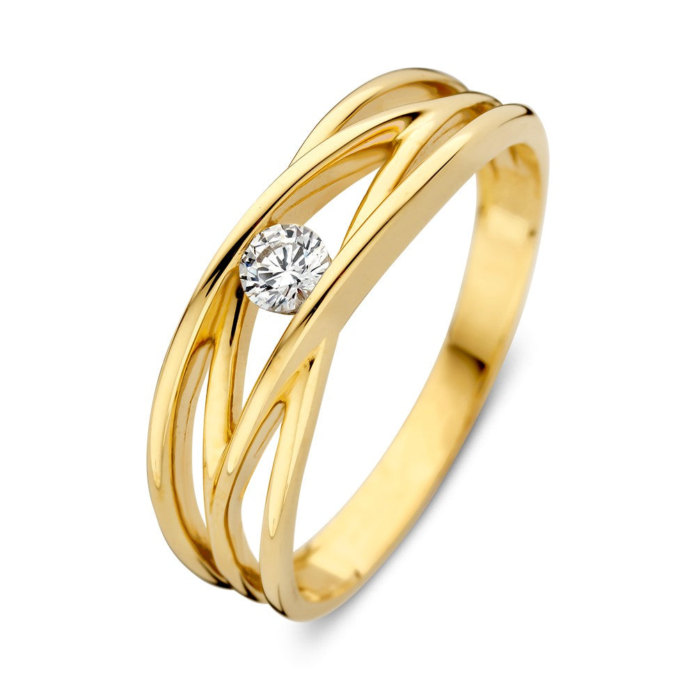 Bague en or jaune élégante avec des bandes croisées et un zirconium fin.