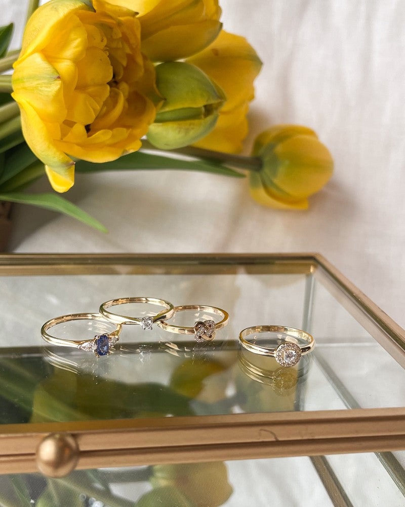 Vier 14 karaat geelgouden ringen, waaronder de Geelgouden Entourage Ring met Zirkonia's van Excellent Jewelry, zijn stijlvol uitgestald op een glazen sieradendoos met gele tulpen op de achtergrond. De sfeer is zacht en elegant.