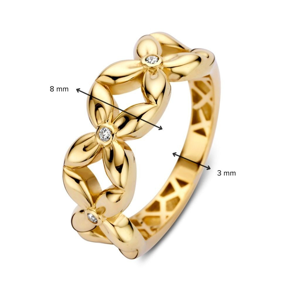 Bague Large en Or Jaune avec Motif Floral et Cœur en Zircone – Une Touche Féminine