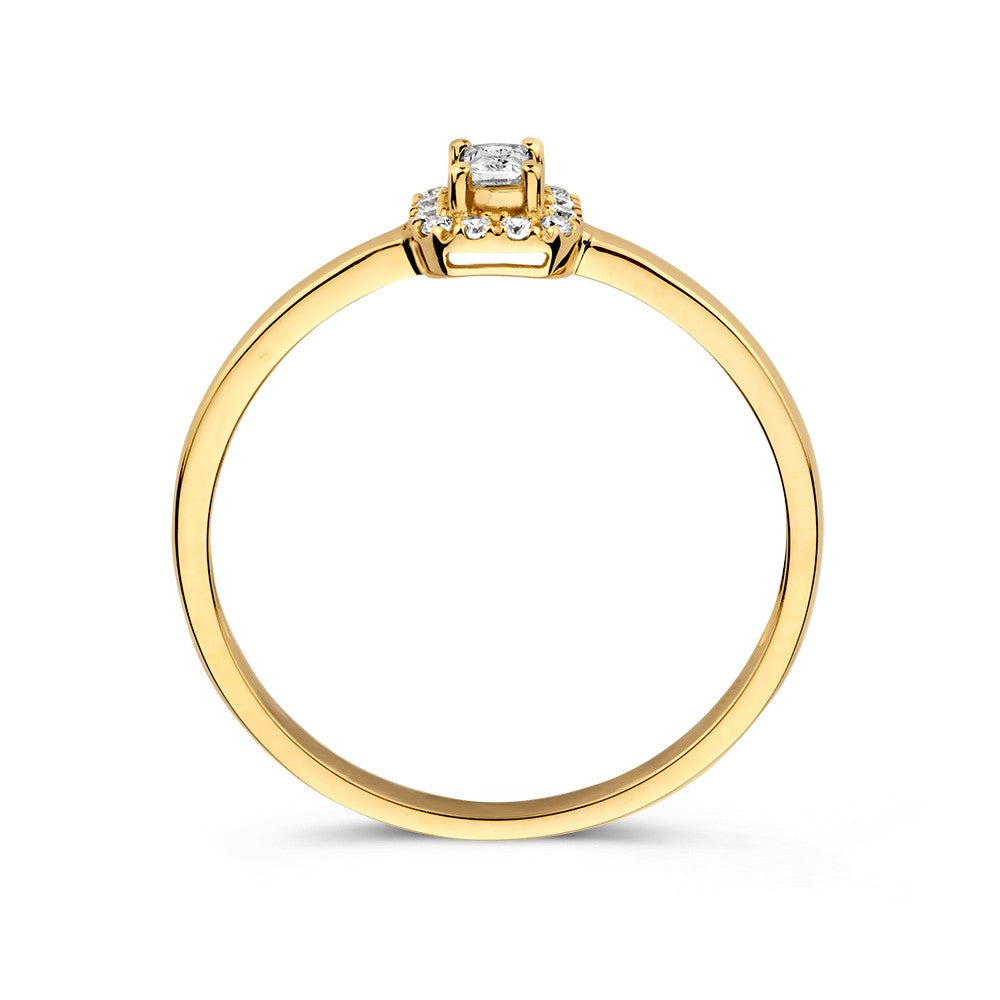 Bague Élégante en Or Jaune avec Sertissage Entourage et Zircone Taillée Émeraude – Luxe Intemporel