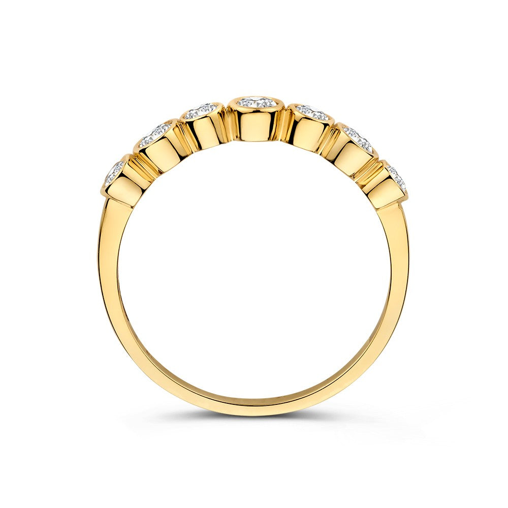 Bague Élégante en Or Jaune avec Zircones dans des Montures Rondes – Beauté Intemporelle en Or 14 Carats