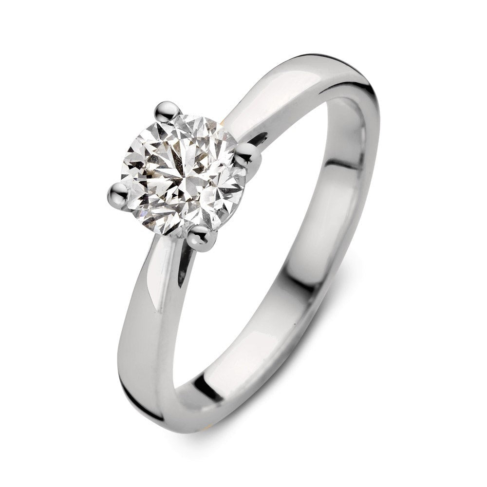 Bague en or blanc avec un diamant rond de 1,00 carat.