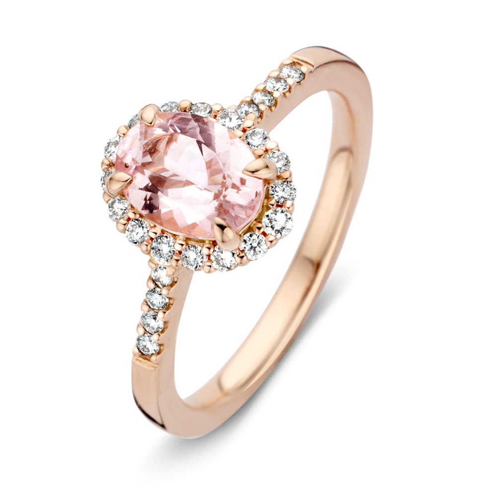 Bague en or rose 14 carats avec un morganite ovale de 1,28 carat et des diamants de 0,27 carat.