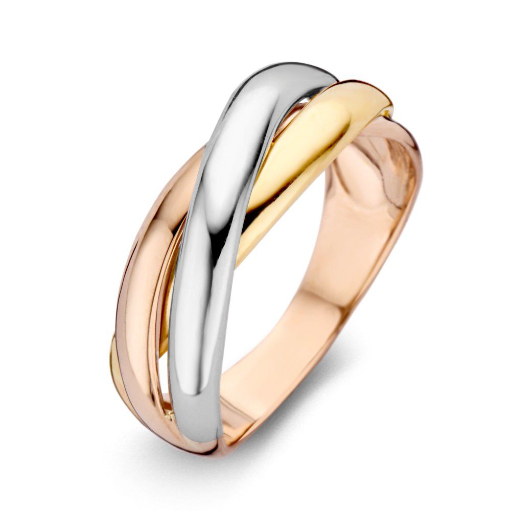 Bague en or 14 carats tricolore avec des bandes entrelacées en or rose, or jaune et or blanc.